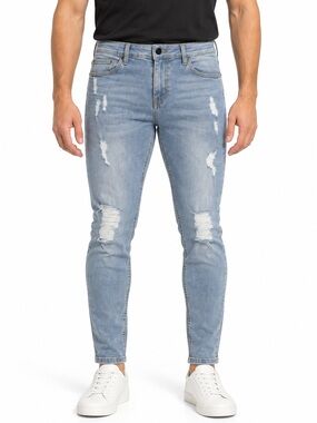 Gingtto Men’s Light Wash Distressed Skinny Jeans | Size 32x28
